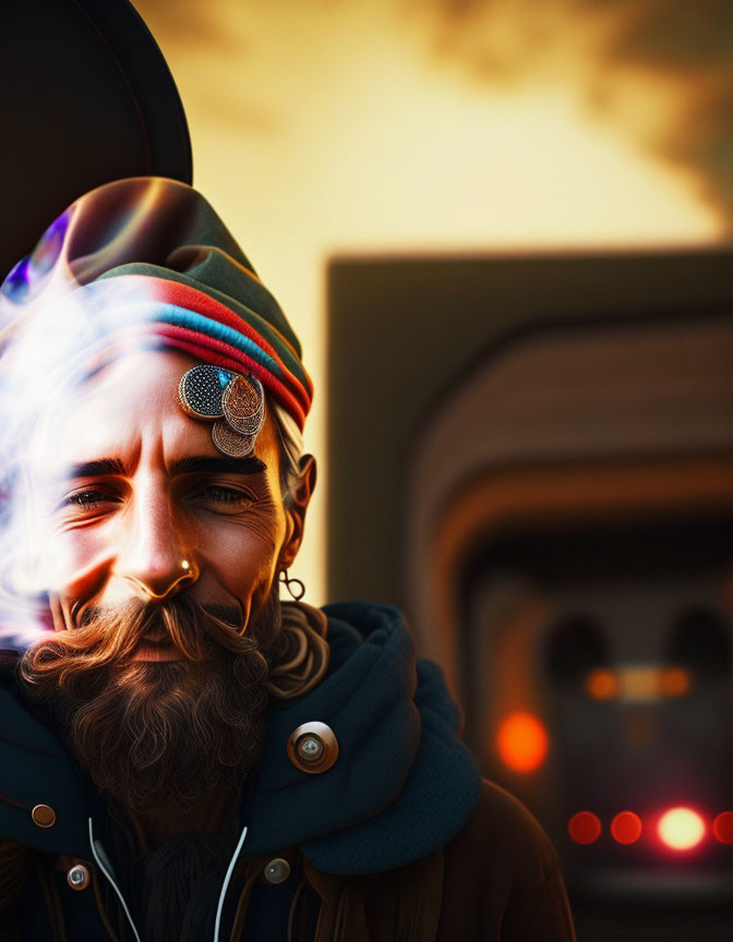 Stylized portrait of bearded man in beret with swirling smoke against dusky sky