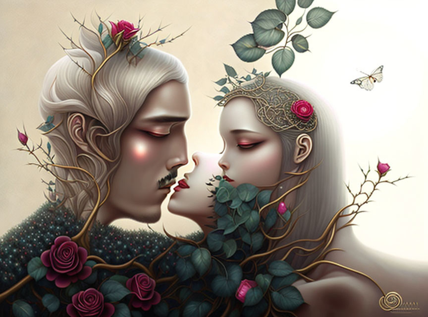 Fantasy illustration: Pale man and woman's faces intertwined with rose vines, creating a romantic, melanch