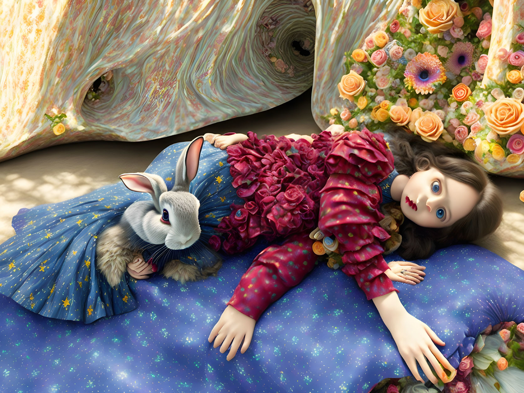 Doll-like figure on star-patterned cushion with rabbit and floral arrangements