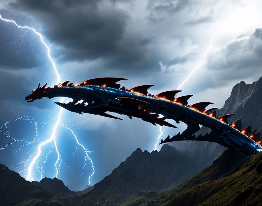 Metallic Blue Dragon Flying Amid Lightning Storm over Mountains