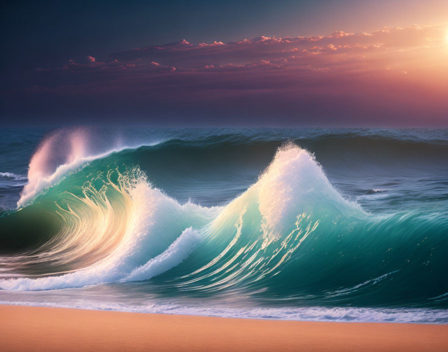 Vibrant beach scene with cresting wave under pink and blue sunset sky