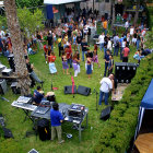 Outdoor Event: People Walking and Dancing Among Palm Trees