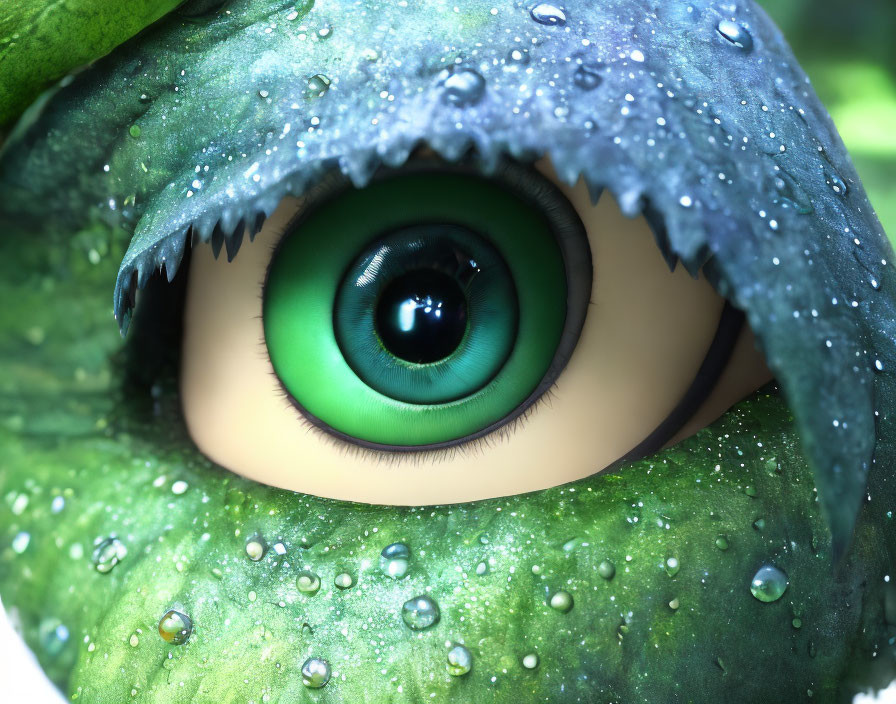 Vibrant green eye obscured by dew-speckled leaf in close-up shot