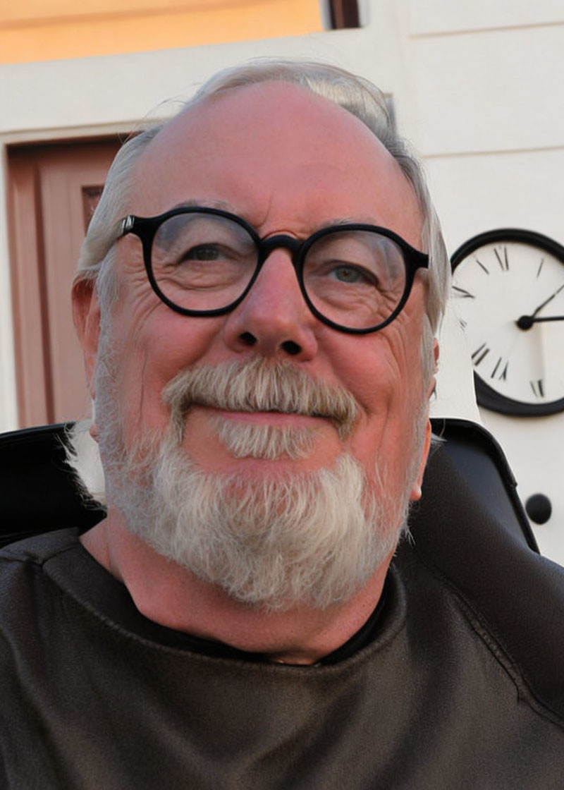 Elderly man smiling with white beard and glasses near clock building.