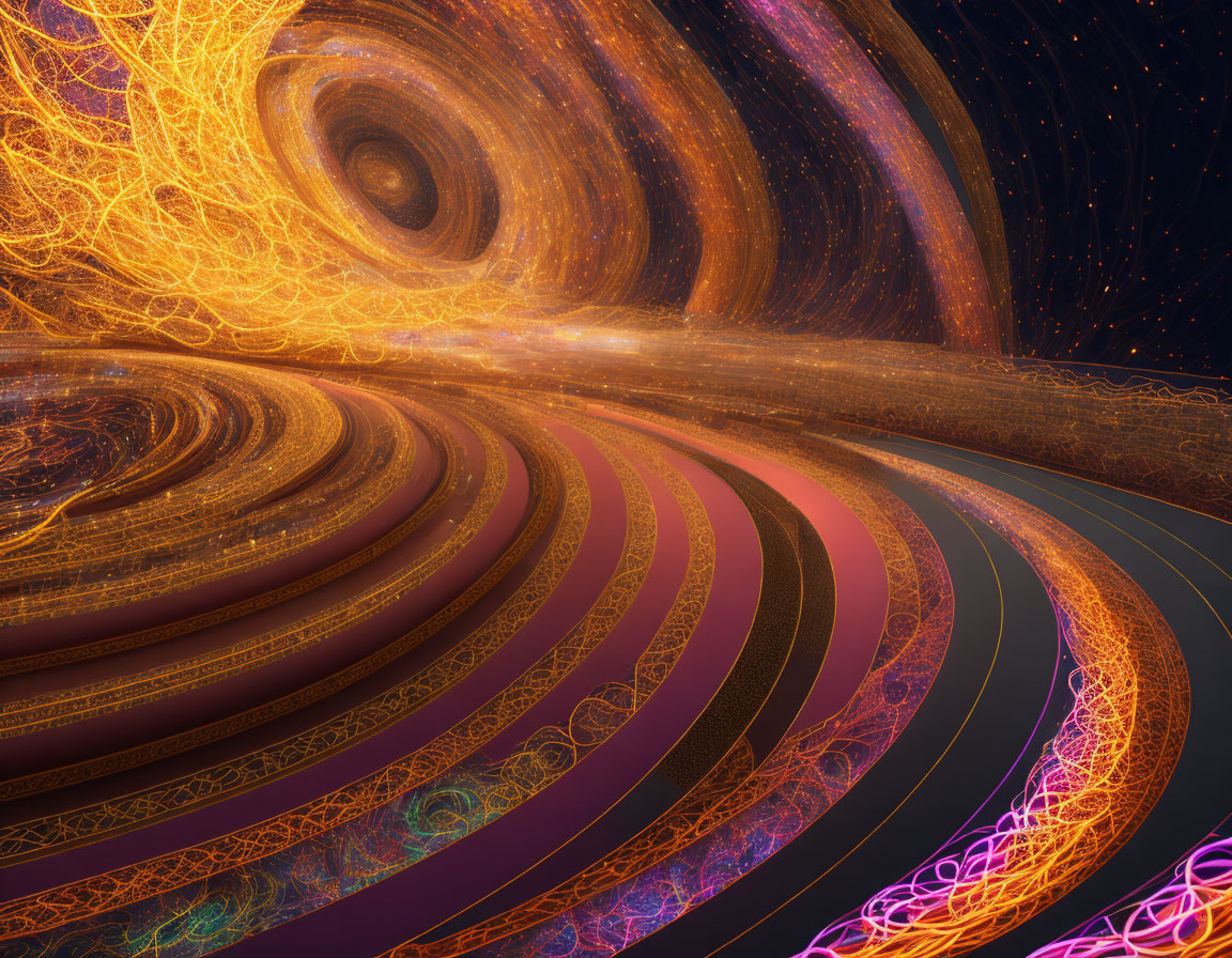 Colorful digital fractal: Orange, gold, and brown swirls on dark background