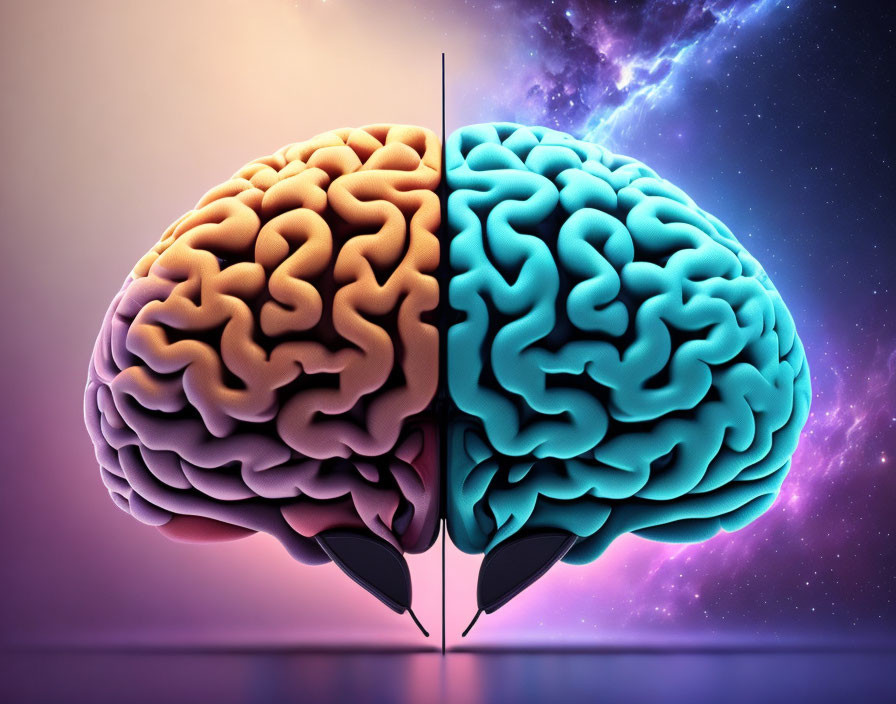 Split human brain image in pink and blue against cosmic background