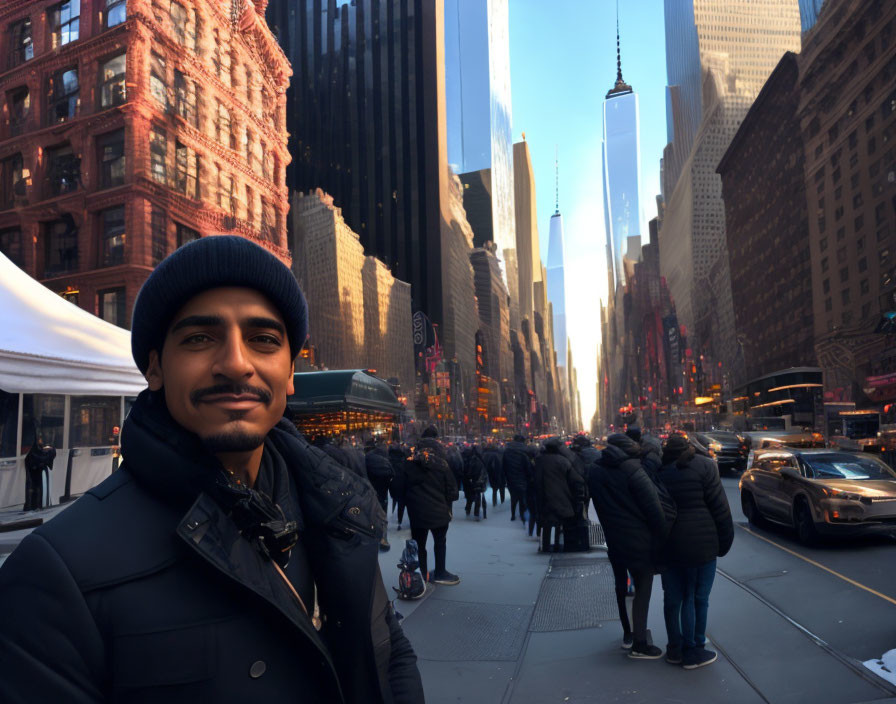 Man in winter hat and jacket smiling on busy city street with tall buildings under clear blue sky