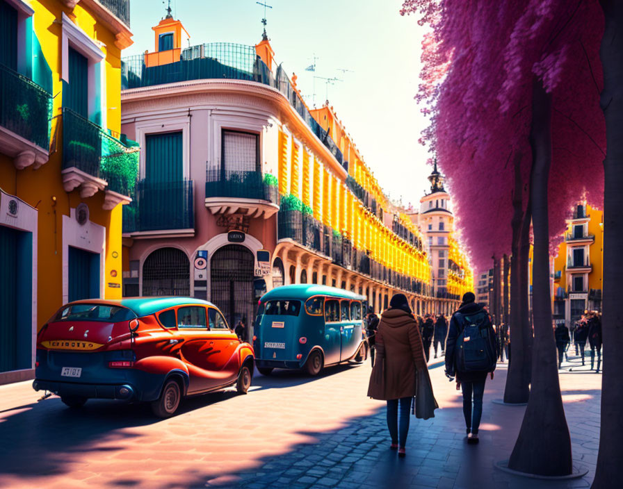 Colorful European Street Scene with Buildings, Trees, Cars, and Pedestrians