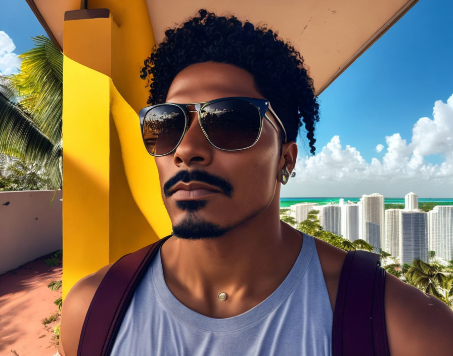 Curly-Haired Man in Sunglasses with Backpack by Yellow Pillar in Beach Cityscape