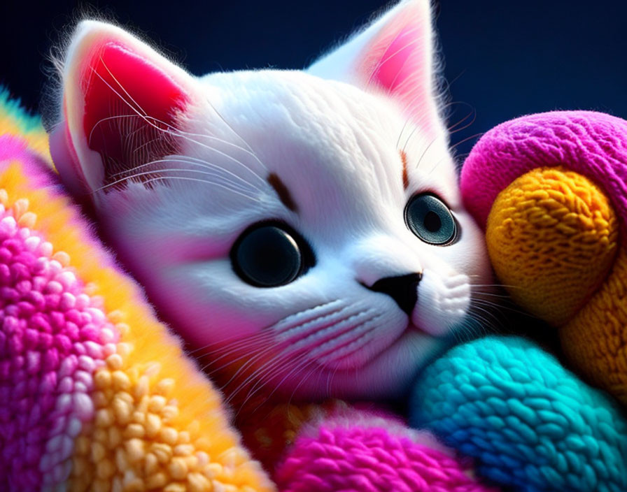 Colorful Digital Artwork: White Kitten with Blue Eyes and Multicolored Balls