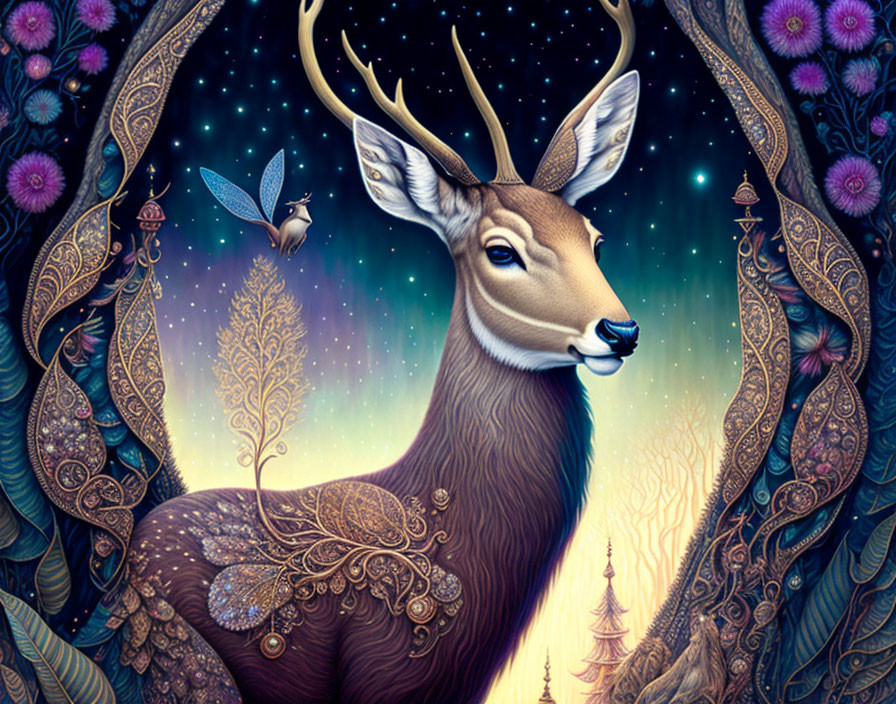 Illustration of ornate stag in starry night with floral motifs