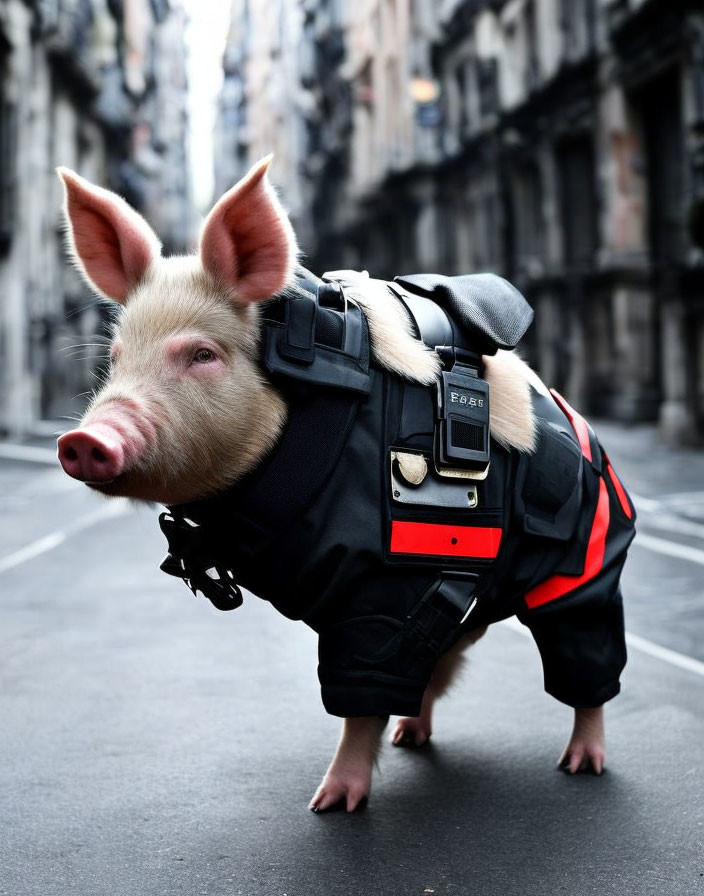 Black and red harness with handle and leash on pig in urban setting