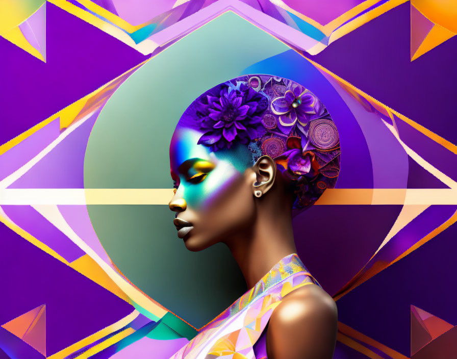 Woman with Vibrant Makeup and Floral Adornments on Geometric Background