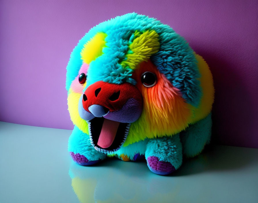 Colorful Plush Toy with Blue, Green, Orange Fur on Purple Background