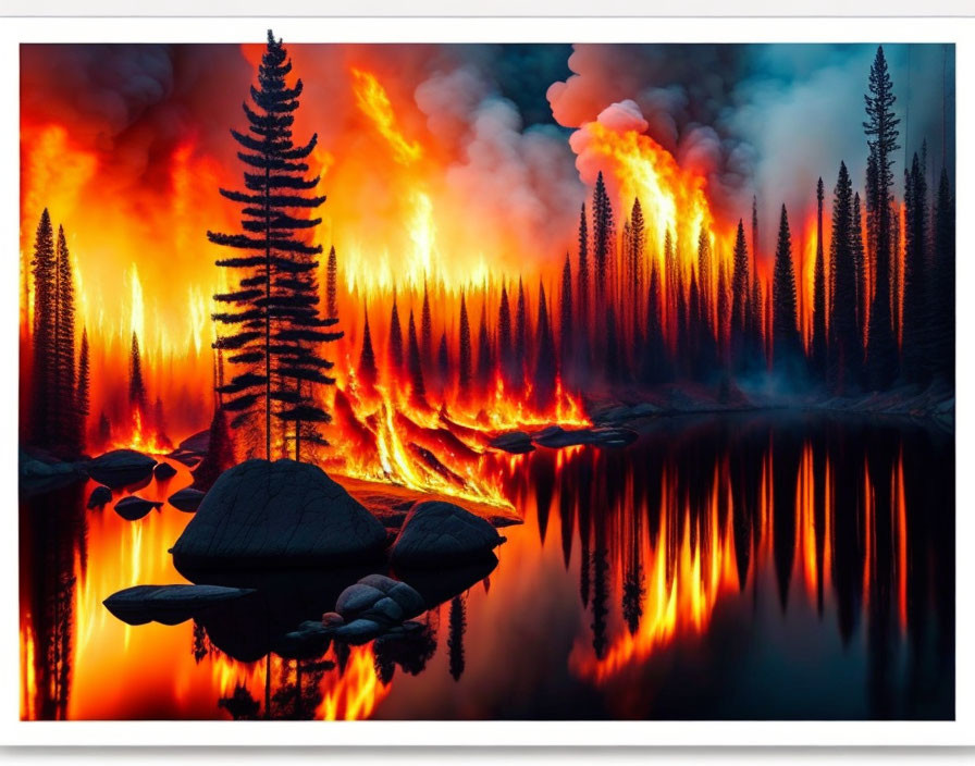 Forest fire at twilight: flames, smoke, and silhouetted pine trees