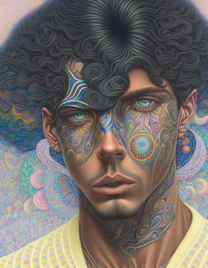 Hyper-realistic digital portrait of a man with blue and gold patterns on skin.