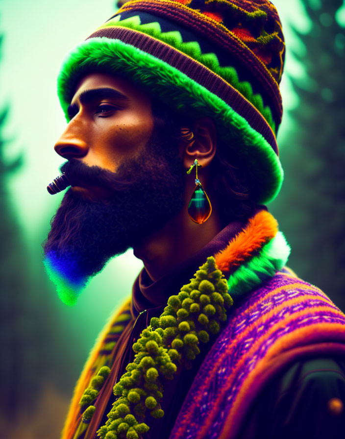 Bearded man in colorful attire with earring and pipe, profile view on blurred natural backdrop