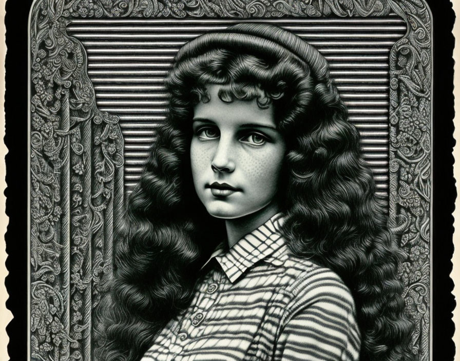 Monochrome illustration of a young woman with curly hair and intricate patterns.