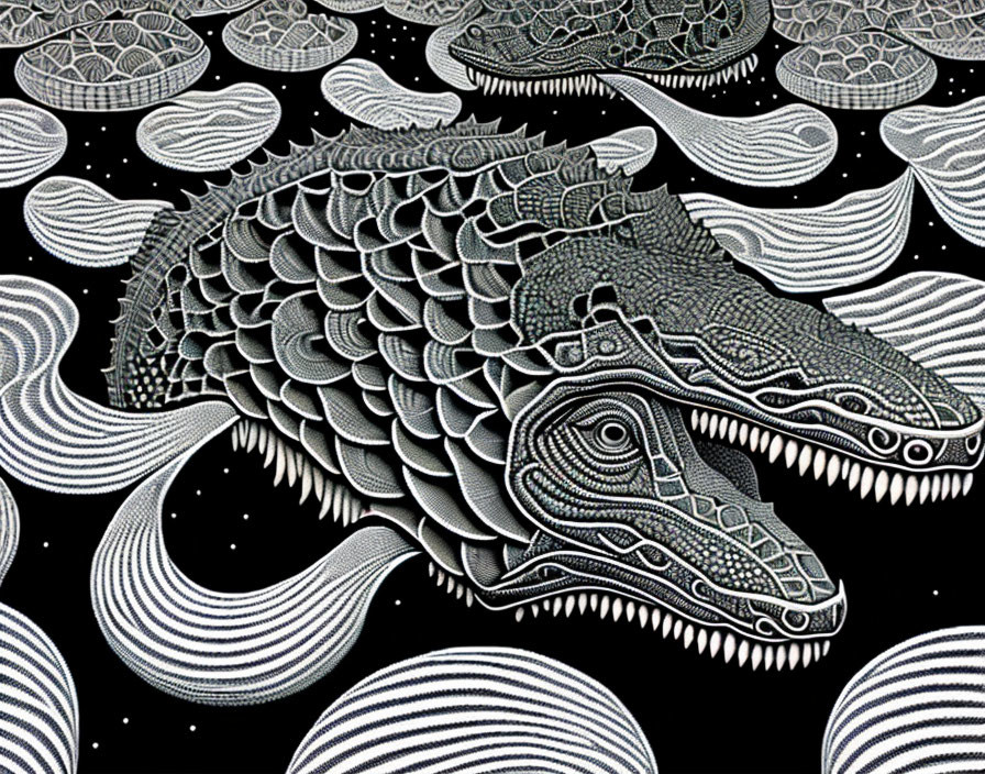 Detailed black and white crocodile swimming in cosmic waves.