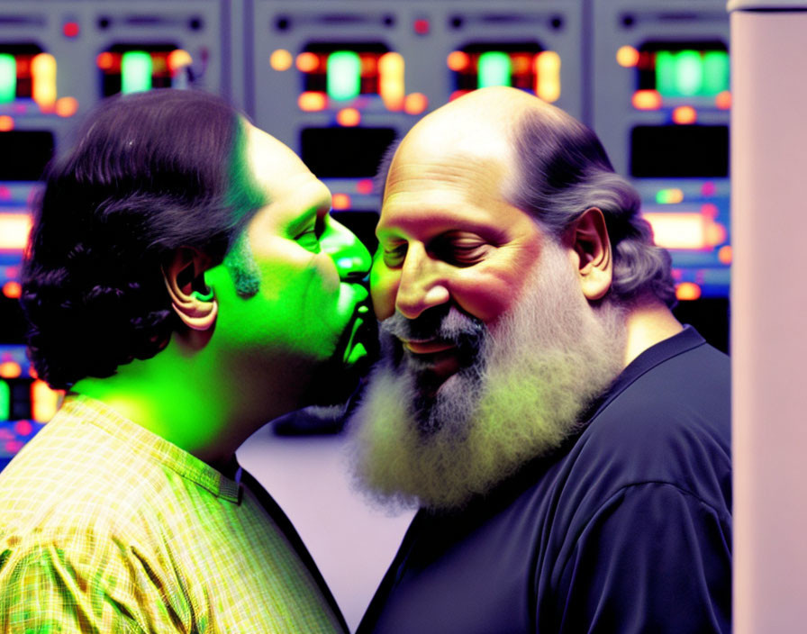 Men smiling with foreheads touching, colorful lights, and computer servers in background