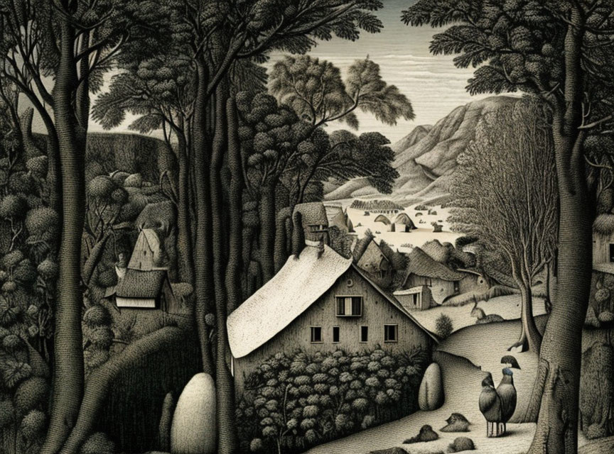 Detailed monochromatic artwork of serene rural village in forest.