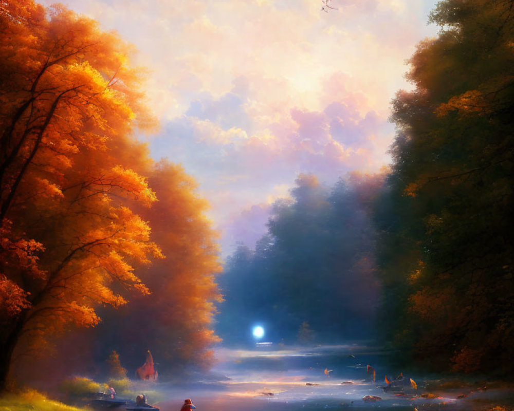 Tranquil autumn landscape with golden trees, misty river, birds, and people in boats