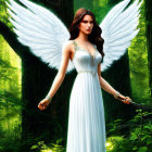 Woman with white angel wings in flowing dress and golden tiara in lush greenery