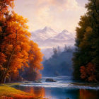 Tranquil autumn landscape with golden trees, misty river, birds, and people in boats