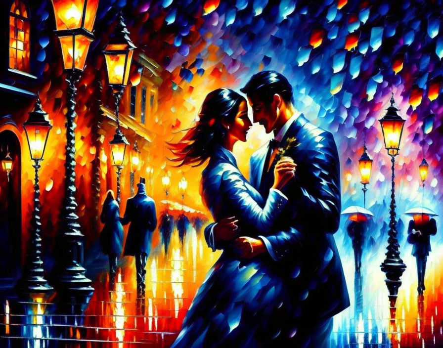 Vibrant painting of couple dancing in rain at night