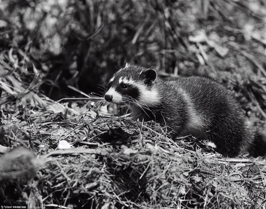 Monochrome photo: Polecat with unique facial markings in twigs