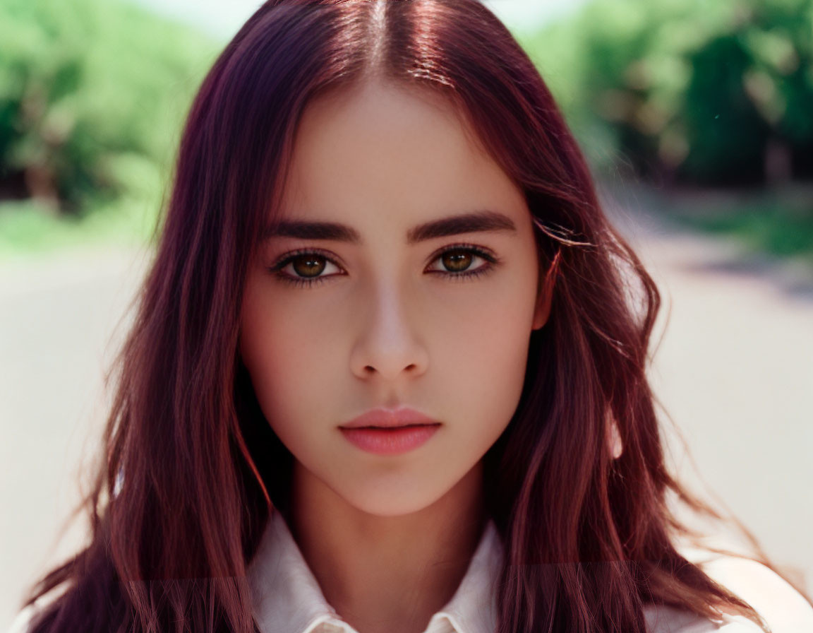 Portrait of woman with long brown hair and brown eyes in white shirt outdoors