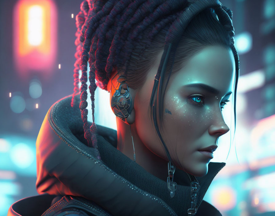 Futuristic woman with braided hair and cybernetic earpiece in neon cityscape