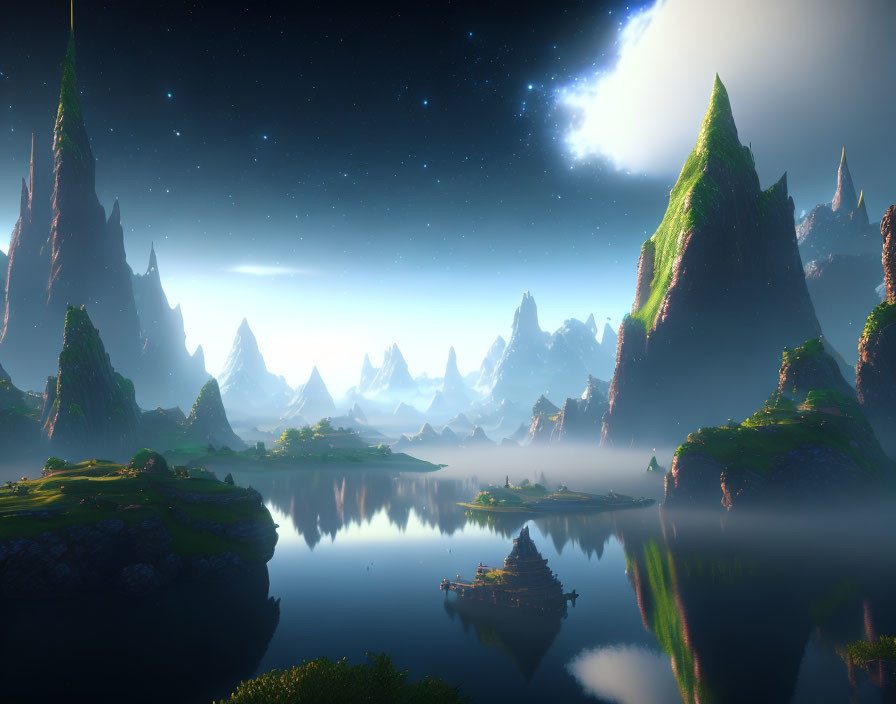 Lush green mountains, calm lake, mist, night sky with stars