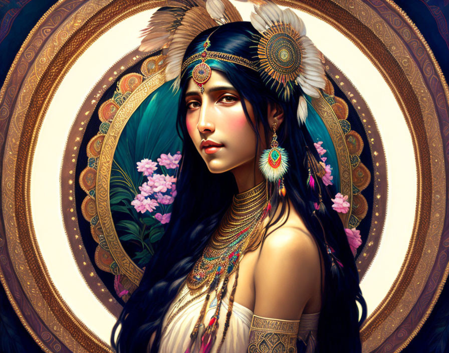 Illustrated portrait of woman with dark hair and feather headdress in circular setting