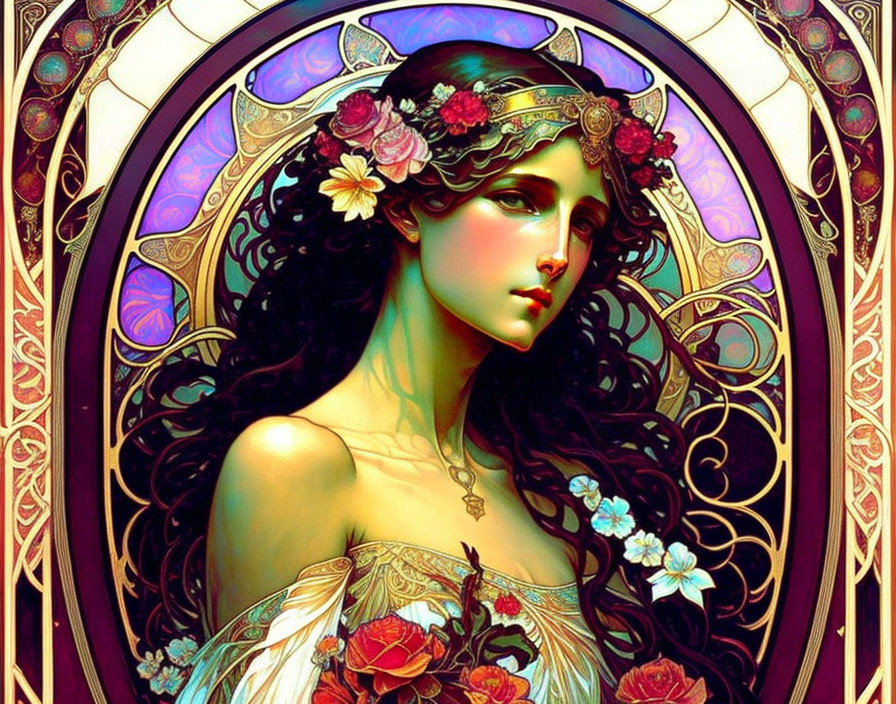 Art Nouveau-style woman with floral headband in front of stained glass window