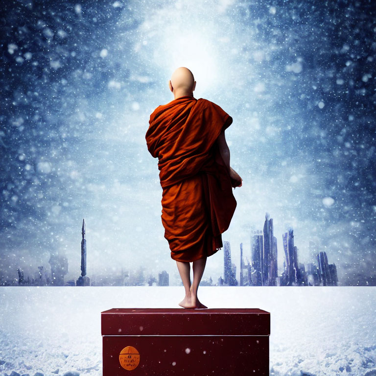 Monk in orange robes on red platform gazes at snowy cityscape