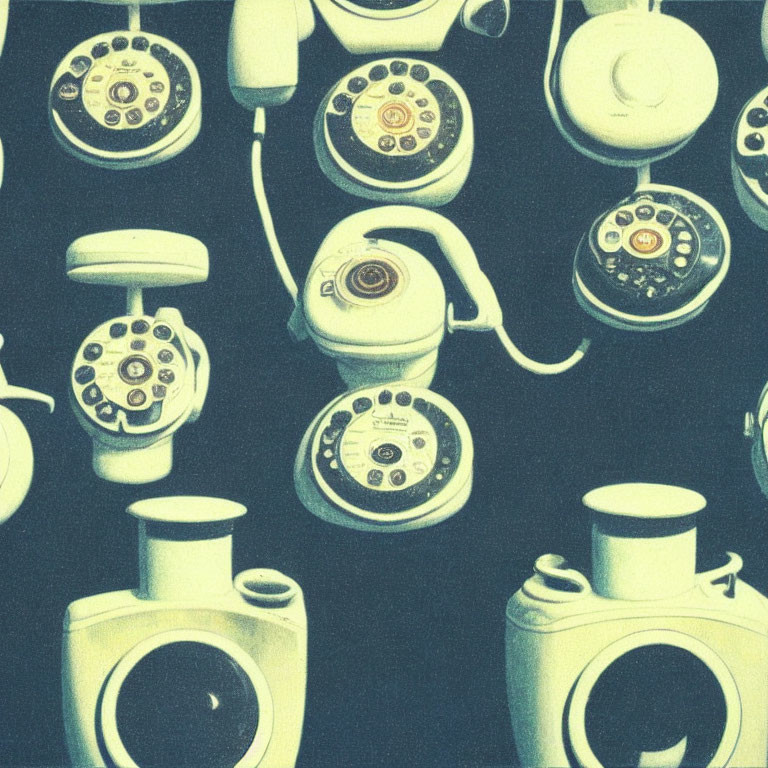 Multiple vintage rotary dial telephones on dark background with filter.