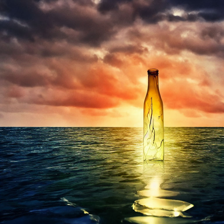 Transparent glass bottle floating on calm sea under vibrant sunset sky