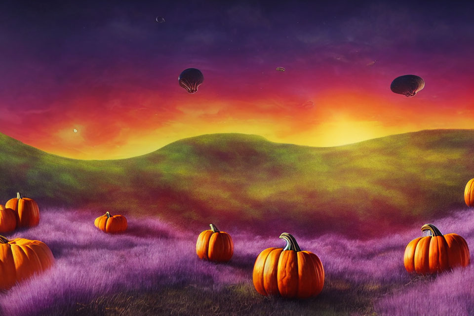 Vibrant sunset fantasy landscape with pumpkins, hot air balloons, orange skies