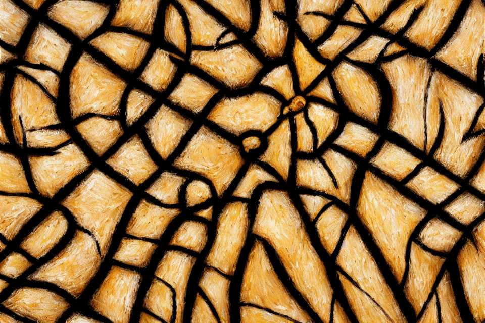 Detailed close-up of turtle shell texture with dark lines forming geometric patterns on yellow backdrop