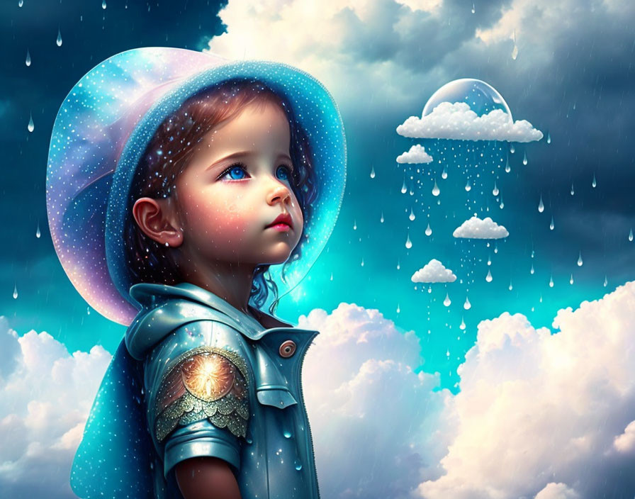 Young girl in space-themed raincoat under cloudy sky with floating rain cloud.