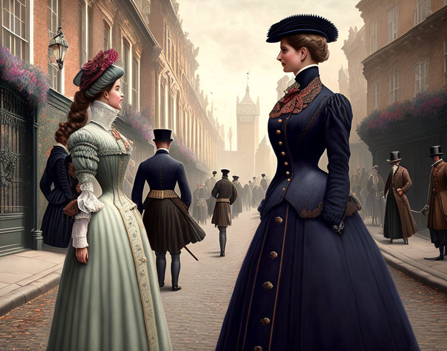 Victorian-era women in elegant dresses on bustling street with historical buildings