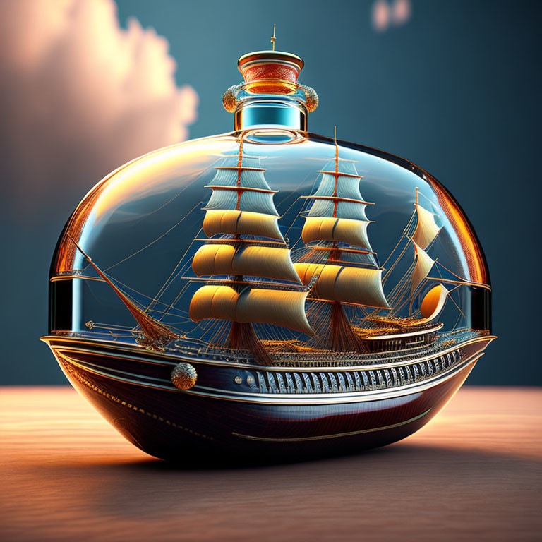 Detailed Model Ship in Glass Bottle with Cloudy Backdrop