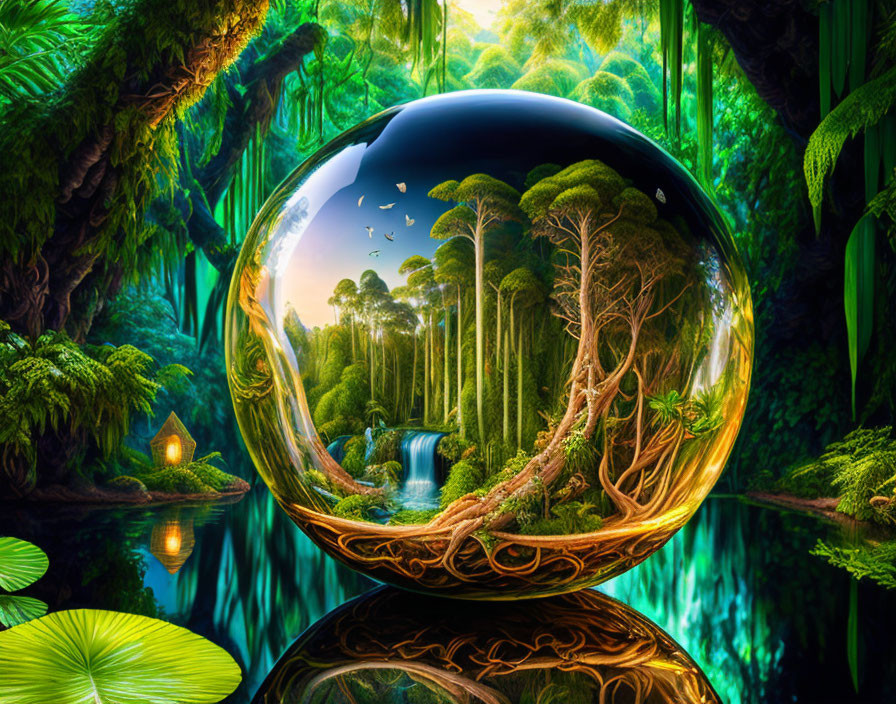 Lush forest scene with reflective sphere capturing miniature landscape