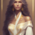 Detailed illustration of woman with long wavy hair, golden jewelry, white and gold draped garment