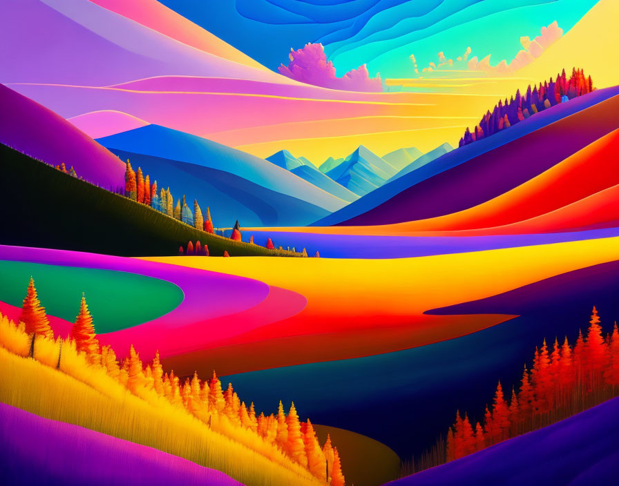 Scenic landscape with colorful hills, trees, and mountains under a multicolored sky