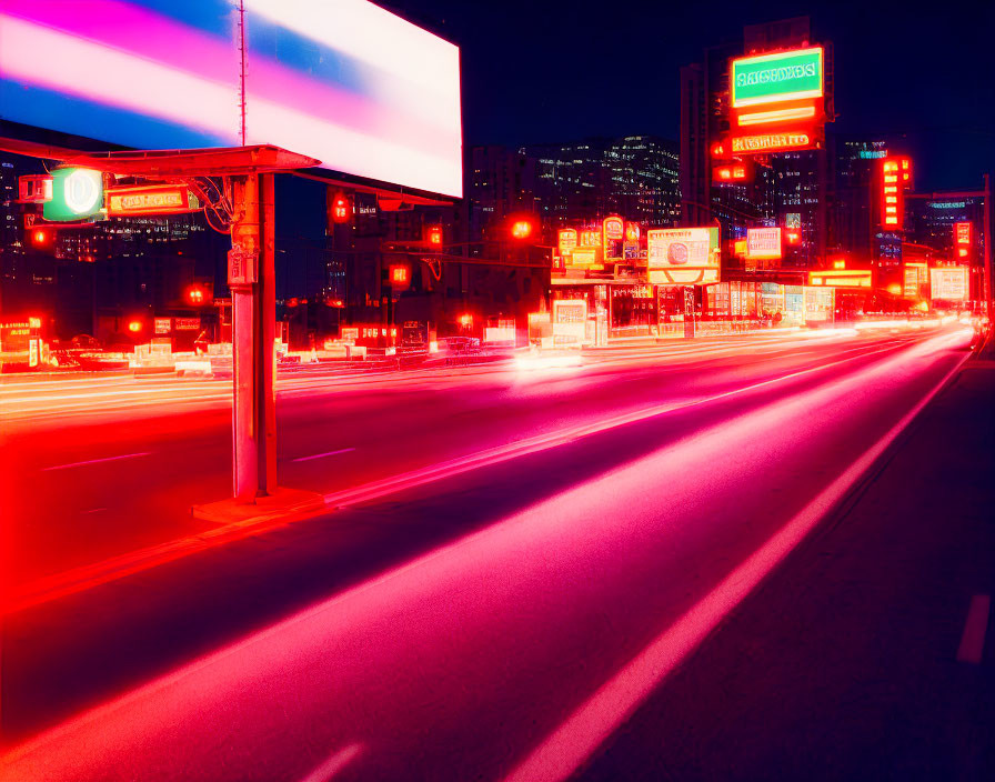 Vibrant neon-lit city street at night with moving traffic and illuminated billboards