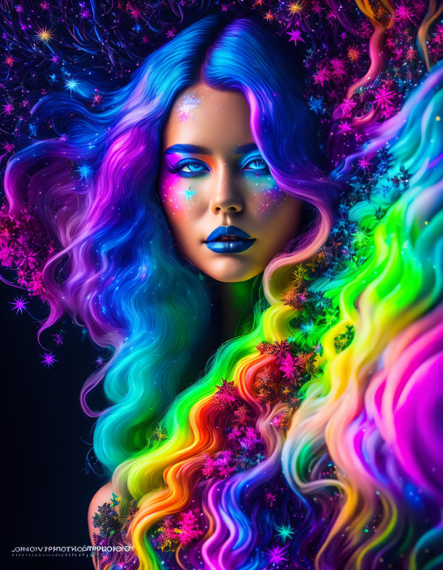 Vibrant rainbow hair and makeup with starry embellishments on dark background