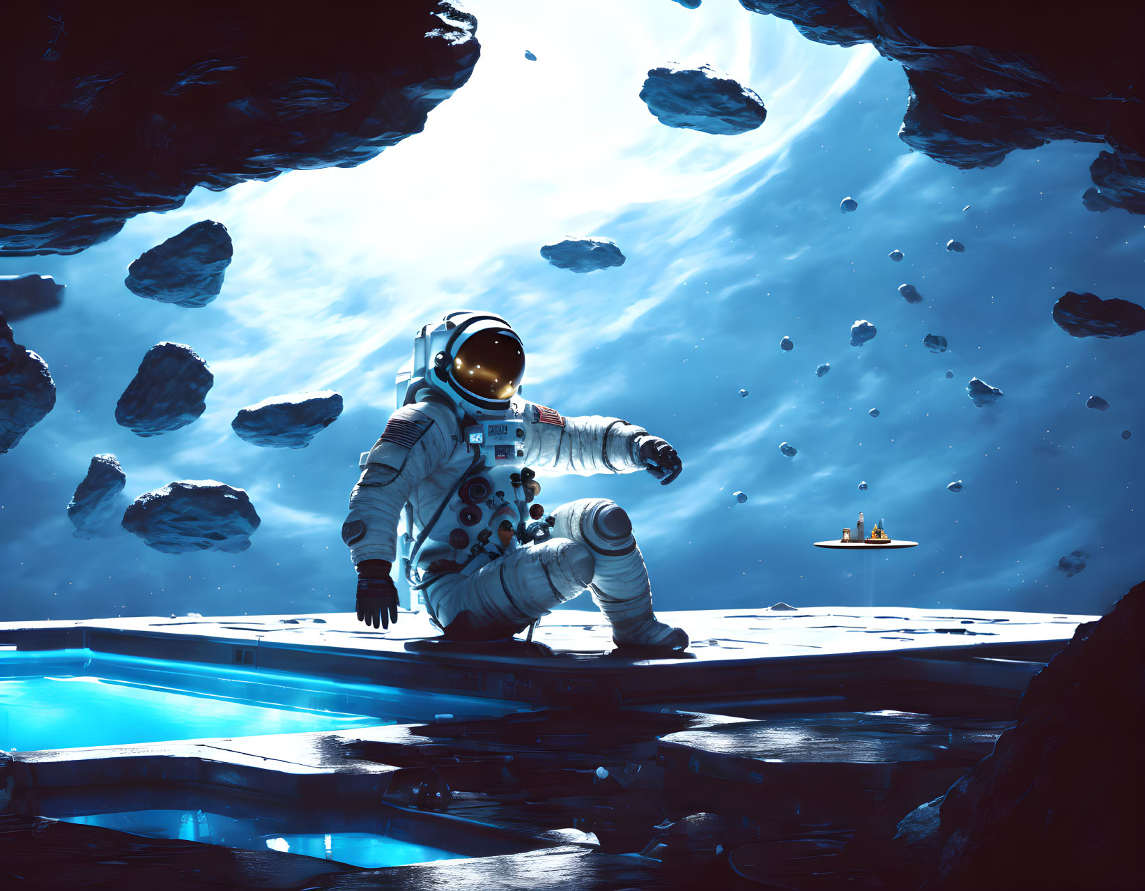 Astronaut in white spacesuit on icy surface under blue nebula sky