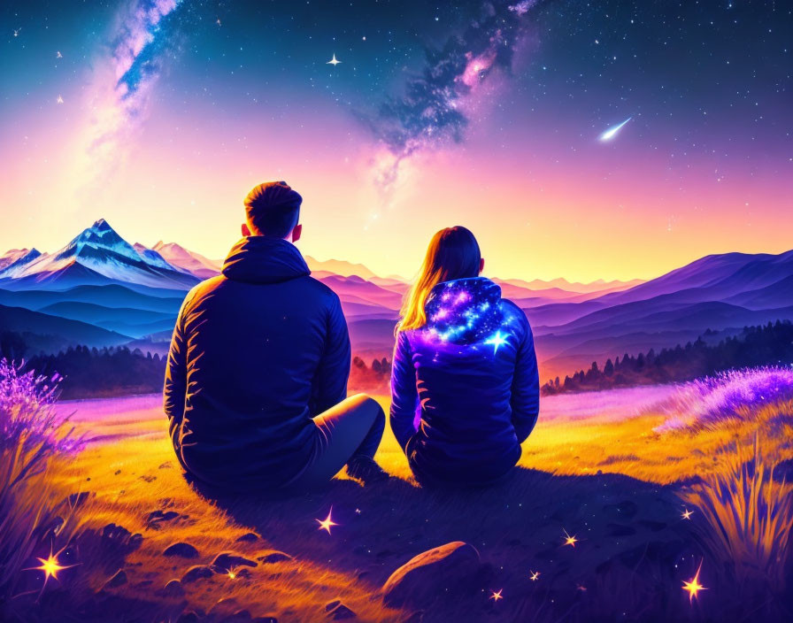 Two individuals admire vibrant sunset with mountains and starry sky in purple, blue, and orange hues.